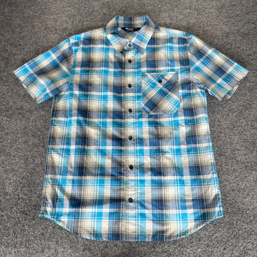 Outdoor Research Seapine Mens‎ Shirt Medium Blue Plaid Short Sleeve Button Up